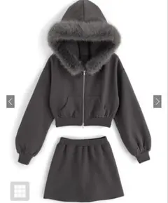 ファーフードジップパーカーメミニスカートセットアップ [tu935]