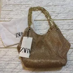 ZARA ラインストーンミニトートバッグ　ゴールド