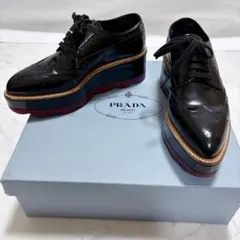 美品 PRADA 厚底ウイングチップ 黒 36 レザー プラットフォーム