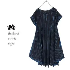 【新品】タイダイ染め渦巻きワンピース　チュニック　ブラック　ブルー　F348