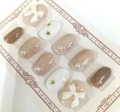 ネイルチップ リボン パール 星 ベージュ/ハンドメイド
