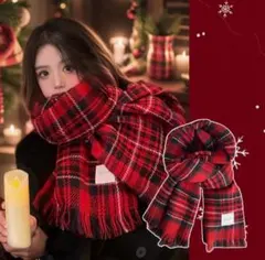 【新品未使用】レディース韓国風レッドチェク柄マフラー防寒通勤通学