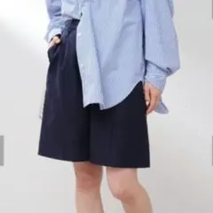 チャオパニック センタープレス ショートパンツ ハーフパンツ ネイビー 紺 麻混のサムネイル