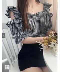 チェック柄バックリボンショルダーオープントップス[tu699]