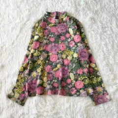 ヴィンテージ レトロ 花柄 ニット ハイネック 総柄 長袖 日本製 M