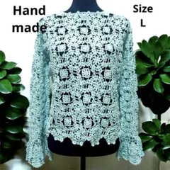レース編み　ブルー　ハンドメイド　トップス R046