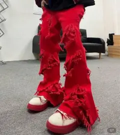 デニムパンツ レッド Lサイズ メンズ ダメージ加工