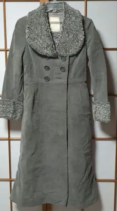 グレー ボア襟付き スエードロングコート