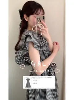 ギンガムチェック柄Vネックフリルフレアワンピース[ta050]