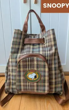 【美品/当時物】サンリオ製 平成レトロ スヌーピー チェック柄 リュック 巾着型のサムネイル