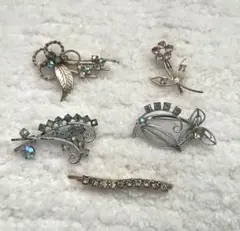 【レトロ・アンティーク】ブローチ・ヘアピンセット ビジュー　花と葉デザイン