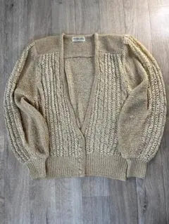 80s 透かし編み ニットカーディガン バルーン袖 肩パッド ヴィンテージ 古着