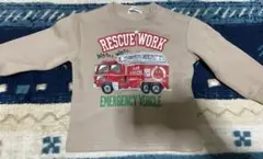 消防車プリント 長袖トレーナー 裏起毛 ベージュ サイズ90