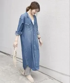 【美品】SHIPS別注Wranglerノーカラーデニムシャツワンピース