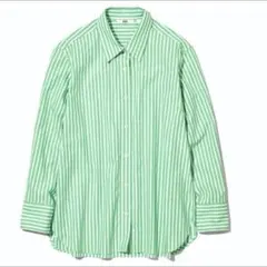 【ユニクロ】ストライプ　コットンシャツ　長袖　XL グリーン
