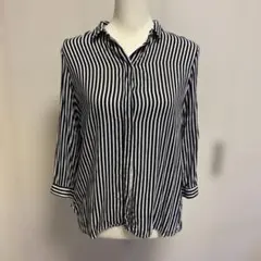 ZARA BASIC M ネイビー×ホワイト ストライプ シャツ 七分袖 シアーのサムネイル
