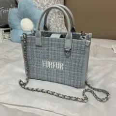 FURFUR サックス 水色 ツイードロゴトートバッグ ミニポーチ付き