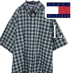 専用　美品 90's TOMMY 半袖 チェックシャツ 緑 刺繍 トミー