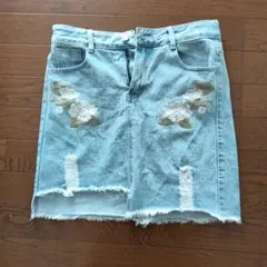 デニムスカート　ミニスカート　刺繍　ダメージ加工