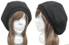 ハンドメイド◆ゆったりルーズ・リブ付ベレー帽◆コットンサーマルニット／ブラック