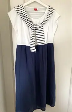 オリーブデオリーブ　ストライプボウタイ襟付きマタニティロングワンピース授乳服