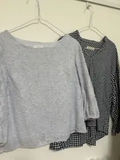 花柄レースとギンガムチェックのトップス M