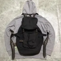 90s vintage シャドーストライプリュックサック　巾着　レザーベルト　黒のサムネイル