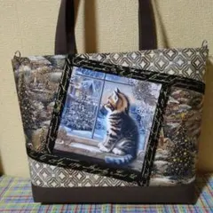 ネコちゃんクリスマス斜め両面パネルハンドメイドトートバッグ(大きめ肩掛け)