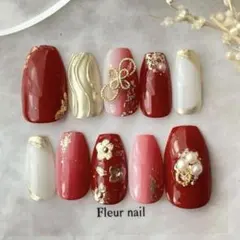 【オーダー】赤 和風フラワー ネイルチップ 着物　ブライダル