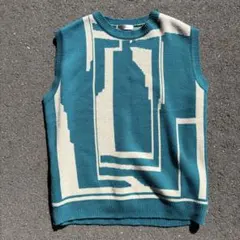 総柄デザイン ニットベスト アート柄 幾何学パターン ターコイズ系