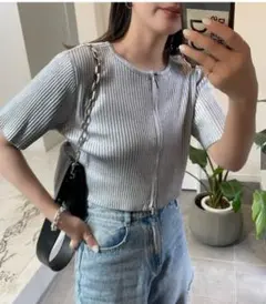 【新品未使用タグ付】GRL ダブルジッパー付き半袖トップス Fサイズ シルバー