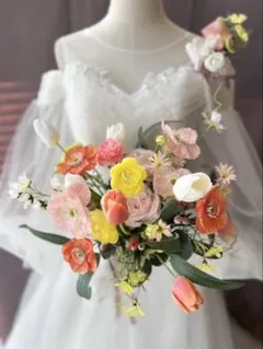 ウェディングブーケ✳︎ブートニア✳︎オレンジ・ピンク・イエロー