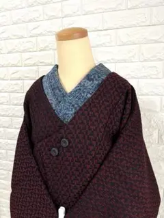 【超美品】和装コート 羽織 ボルドー×ブラック 塵除け 防寒 レトロ へちま衿