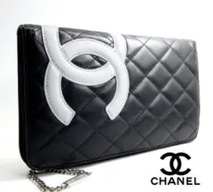 シャネル カンボンライン ラムスキン 黒 オーガナイザー 長財布