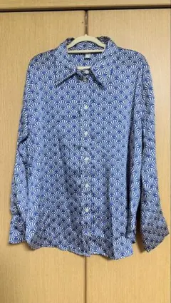 H&M 扇柄 総柄 長袖シャツ ブルー系 ポリエステルシルク