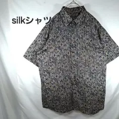 【美品　海外古着】シルクシャツ　総柄　胸ポケット　シルク100%