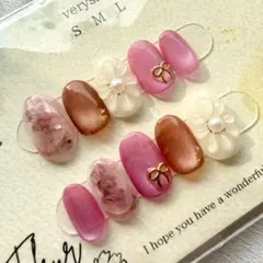 ネイルチップ 現品販売｜ショートオーバル Sピンク ニュアンス ぷっくりフラワー