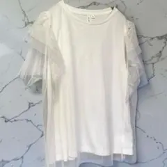 【チュールフリル】半袖カットソー Tシャツ ホワイト M