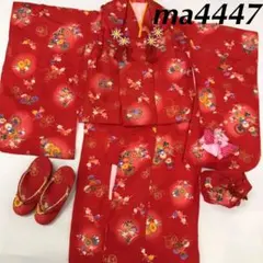 ma4447 七五三 3歳 女の子 着物 被布コート 長襦袢 6点セット 赤 鼓