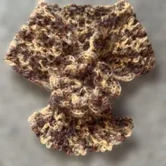 手編み　ミニマフラー　茶系混色　モヘア　お花の通し口のあるマフラー