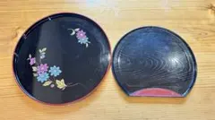 【昭和レトロ】お盆 2点セット 黒 花柄 丸盆 半月盆 和風トレー