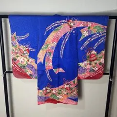501ag90□七五三 七歳 女児 着物のみ 糸巻き 折り鶴 青□状態良好
