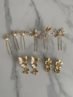 花と蝶々のピアス　2個　パールのヘアピンセット 6個セット