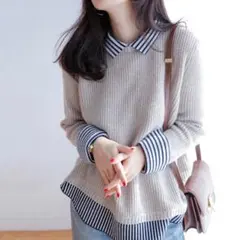 ストライプ襟付きベージュニットトップス