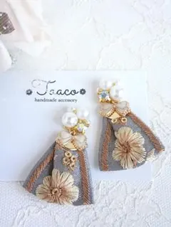 No.3976♡ビジューx刺繍リボンタッセルピアス・イヤリング ハンドメイド