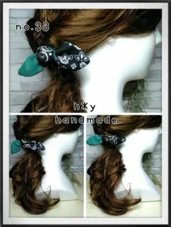 h*y　handmade　no.33　うさ耳リボングリーンリネンブラックバンダナ