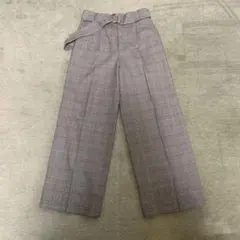 美品22O CTOBREグレー系チェック ワイドパンツ ベルト付き