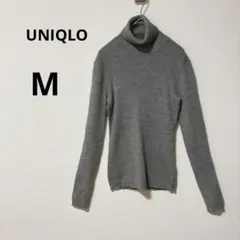 美品 UNIQLO M グレー メリノウール リブ タートルネック ニット 長袖