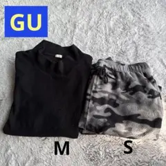 ☆GU☆ ルームウェア フリースパジャマ 黒グレー迷彩柄 M S上下セット♪♪