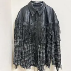 DICTIONARY フリンジ切替ツイードジャケットXL 黒 フェイクレザー希少